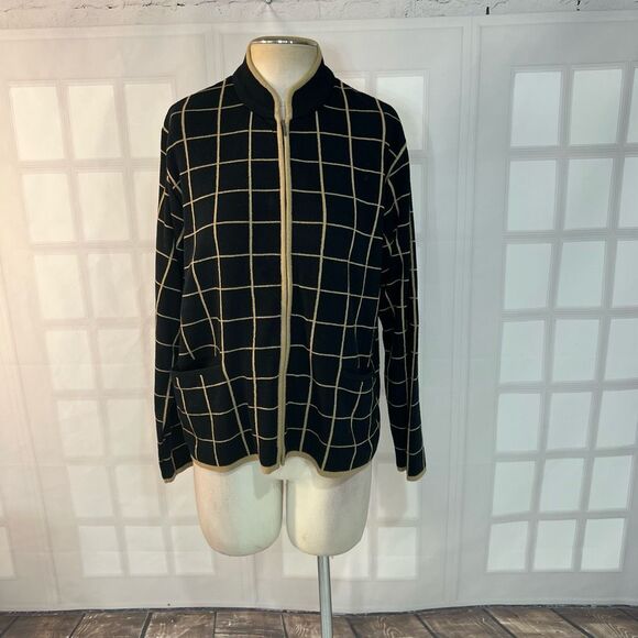 Talbots Black Tan Windowpane Plaid Knitted Zip Up Cardigan Sweater Size Large - Picture 1 of 9